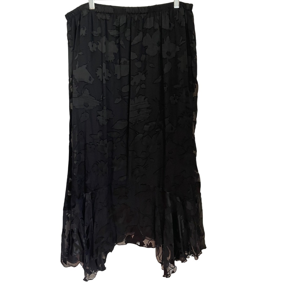 Spencer Alexis Vtg 1X Black Silk Floral Burnout Handkerchief Hem Maxi Skirt